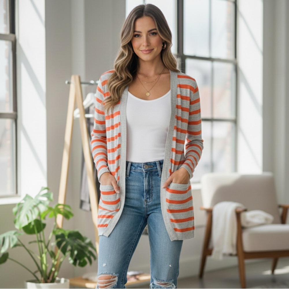 Kismet Orange and Gray Striped Cardigan